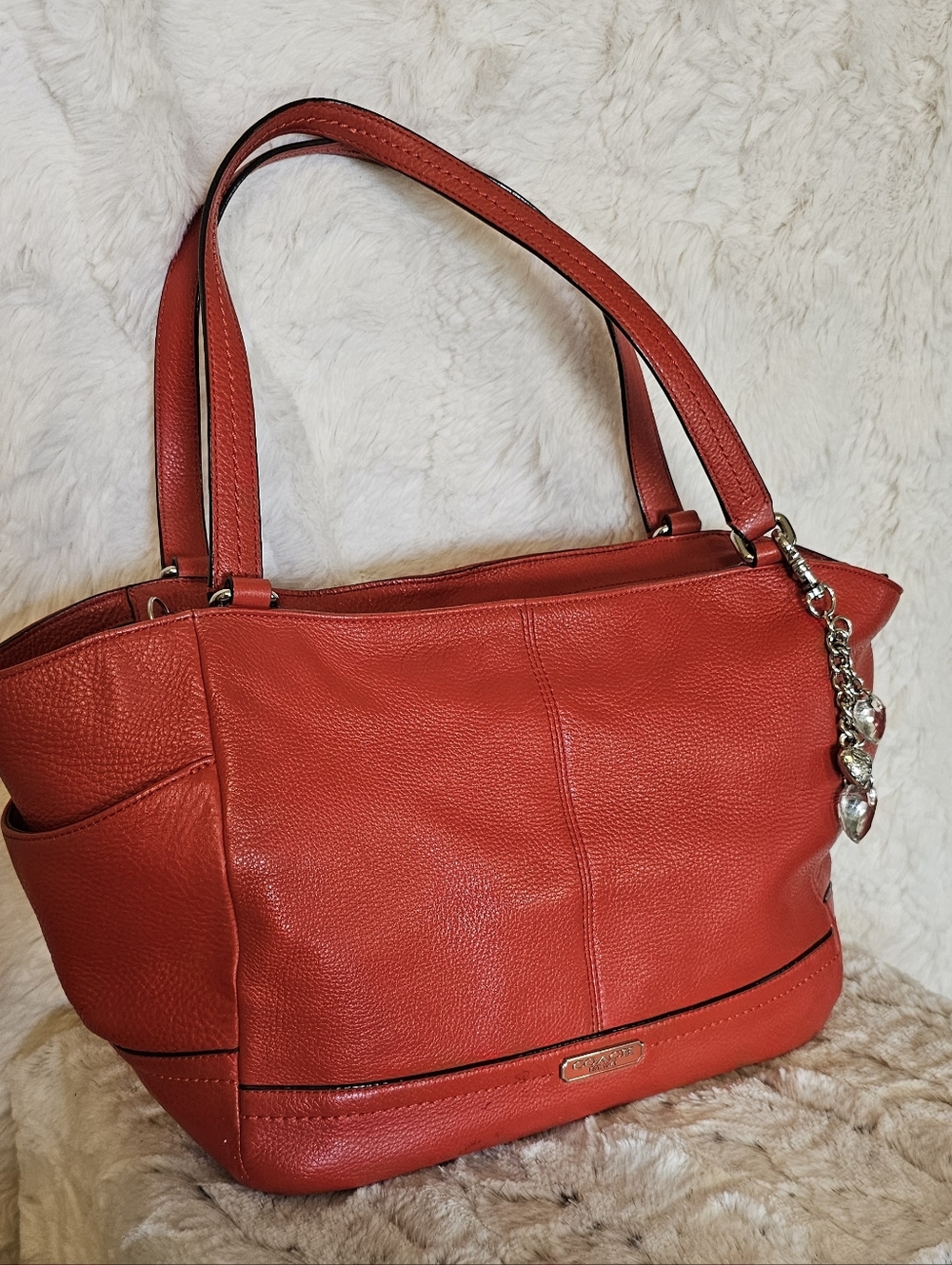 Coach Red Leather Satchel Tote with Unbranded Heart Charm
